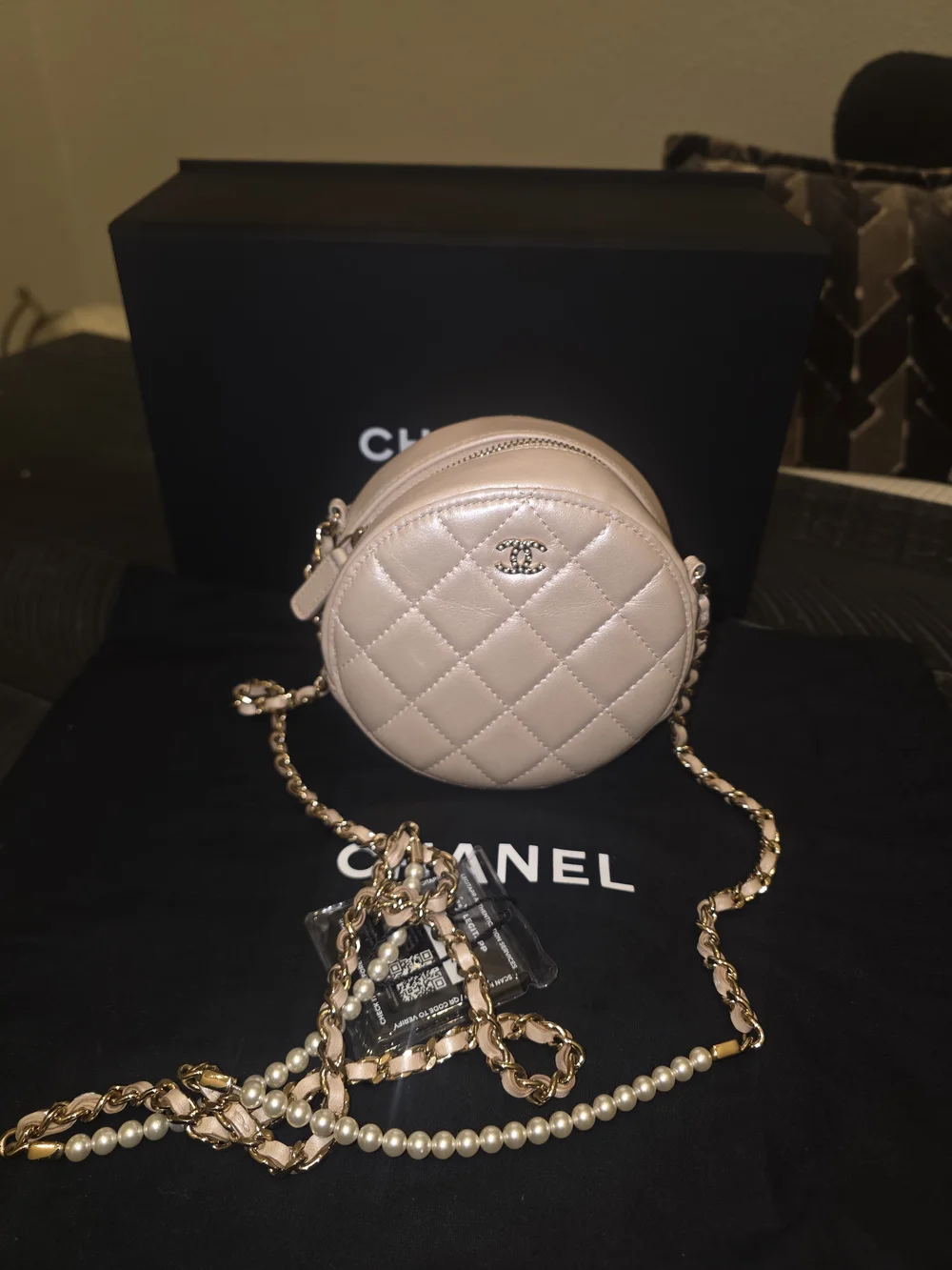 CHANEL Beige Iridescent Calfskin Quilted Round Pearl Chain Crossbody Bag